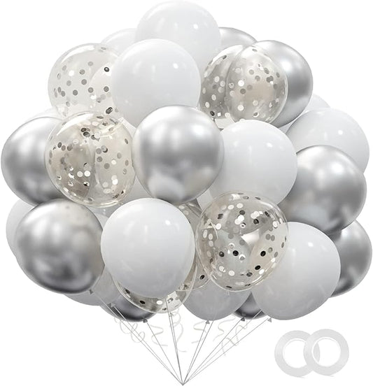 62pcs Party Decorations Balloons Kit - 12 Inches Silver White Confetti Party Balloons for Graduation Birthday Wedding Party Baby Shower Decoration Supplies