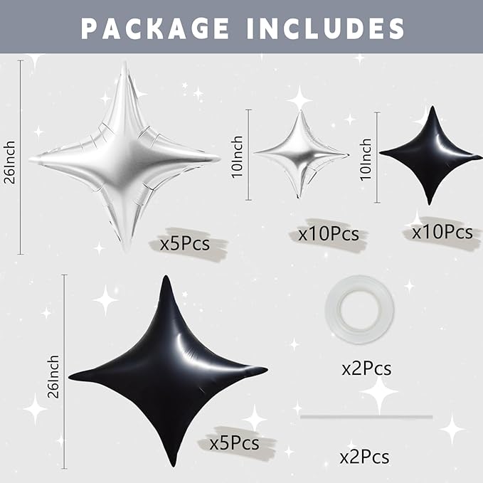TONIFUL 30Pcs 26In&10In Star Balloons Black and Silver Four Pointed Foil Mini Star Mylar Balloons for Birthday Wedding Baby Shower Anniversary Engagement Party Decor Supplies
