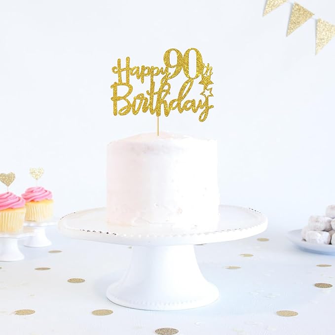 Gold Glitter Happy 90th Birthday Cake Topper - 90 Sign Cake Topper - Cheers to 90 Years Party Supplies - 90th Birthday Party Decoration
