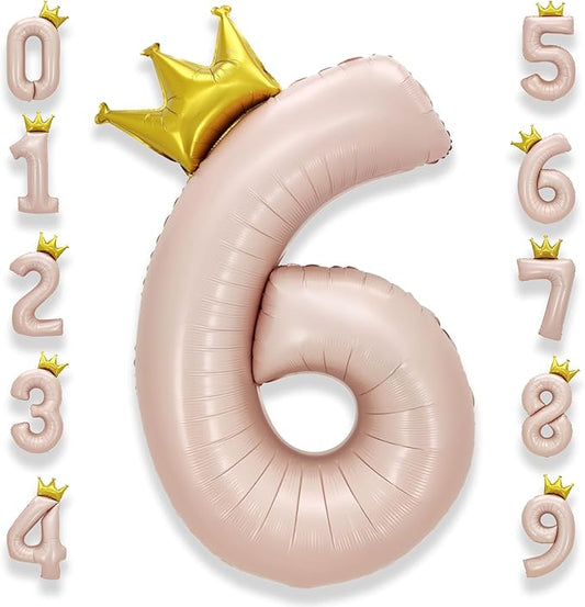AULE 40 Inch Big Pink 6 Balloon Number with Crown Large Foil Helium Number Balloons 0-9 Jumbo Giant Happy 6th Birthday Party Decorations Huge Mylar Anniversary Party Supplies