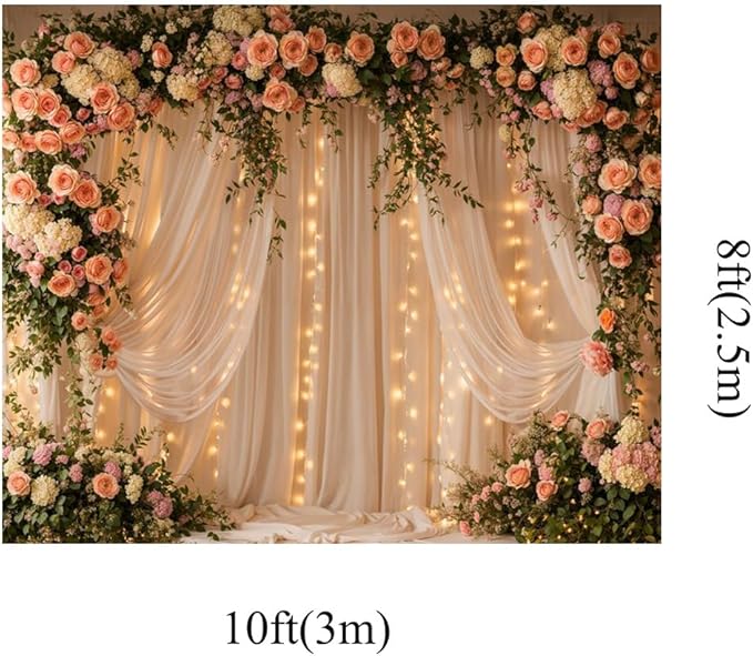 Kate 10x8ft Blush Floral Curtain Photography Backdrop with Lights Romantic Peach Rose Sheer Curtain Photo Background for Wedding Bridal Shower Birthday Party Photoshoot
