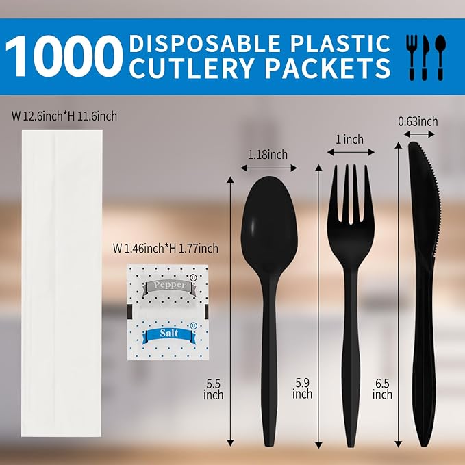 Knife Fork Spoon Napkin Salt Pepper Sets, Individually Wrapped Black Plastic Cutlery Packets for Delivery, Cafeterias, Restaurants (1000 Pack)