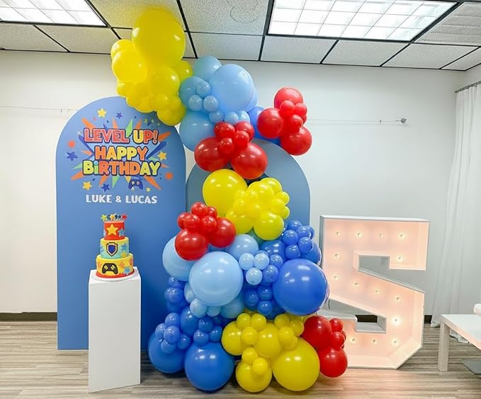 Cartoon Balloon Garland Arch Kit 171pcs with 4D Star Gold Long Balloons, Red Blue Yellow Balloons Arch Kit for Birthday Baby Shower Carnival Circus Hedgehog Super Hero Gamer Theme Party Decor