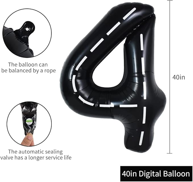 TONIFUL Race Car Black Balloons Car Birthday Party Supplies,40 Inch Giant Jumbo Helium Foil Mylar Big Number 4 Digital 4 Balloons for Boy's Birthday Party Truck Race Car Theme Party Decorations