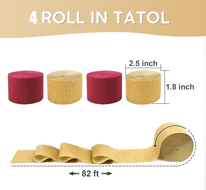 4 Rolls Crepe Paper Gold Burgundy Streamers – Perfect for Streamers Party Decorations, Wedding, Birthday, Colored Decor, and DIY Craft Supplies(1.8 Inch x 82 Ft/Roll)