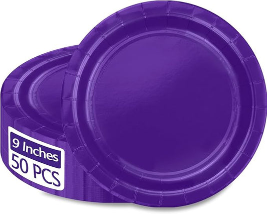 50Pcs Purple Paper Plates - 9” Purple Disposable Plates Round Bulk Dinner Plates for Daily Use Holiday Picnic Celebrations Pruple Birthday Party Decorations