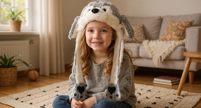 Bubblepompom Animal Hat with Ears Moving Jumping Pop Up Beating Hat Plush Holiday Cosplay Dress Up Funny Gift for Kids
