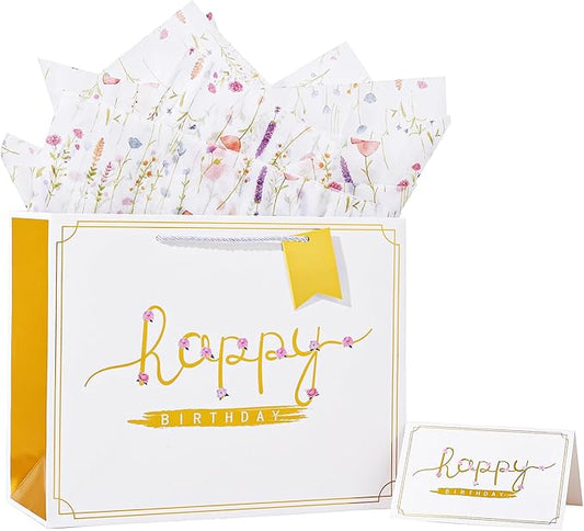 Powbrace 13" White Happy Birthday Gift Bag with Tissue Paper and Greeting Card for Party,Happy Birthday Gift Bag for Men and Women, Gift Bags Medium size (1 Pcs Hot Stamping)