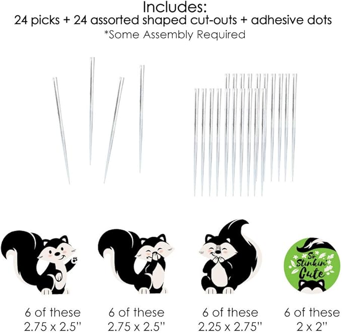 Big Dot of Happiness Little Stinker - Dessert Cupcake Toppers - Woodland Skunk Baby Shower, Birthday Party Clear Treat Picks - Set of 24