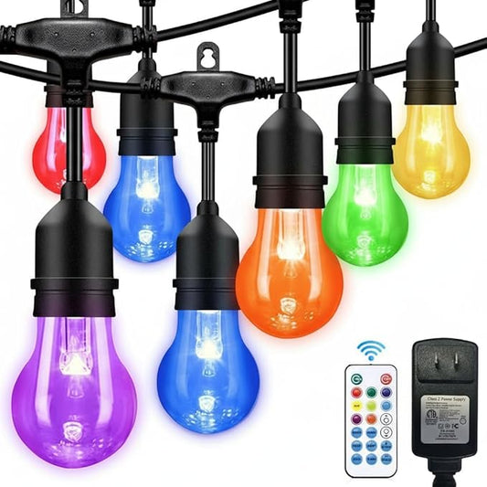 Auroraworld 105FT RGB Outdoor String Lights, Dimmable Color Changing Waterproof LED Patio Lights with Remote, 32 Shatterproof Bulbs for Backyard Garden Party Decor