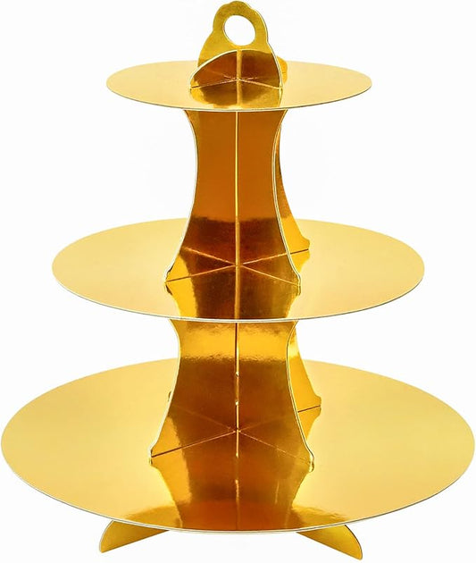 Soleebee 3-Tier Round Cupcake Stand, Cardboard Cupcake Tower, Dessert Cup Cake Stand Tower for Birthday Wedding Party Decoration, Cupcake Tier Stand 1 Set (Gold)