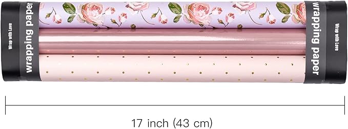 WRAPAHOLIC Pink Wrapping Paper Roll - Mini Roll - 3 Rolls - 17 Inch X 120 Inch Per Roll - Pink Floral Rose Gold Design for Wedding, Bridal Shower, Birthday, Baby Shower, Spring