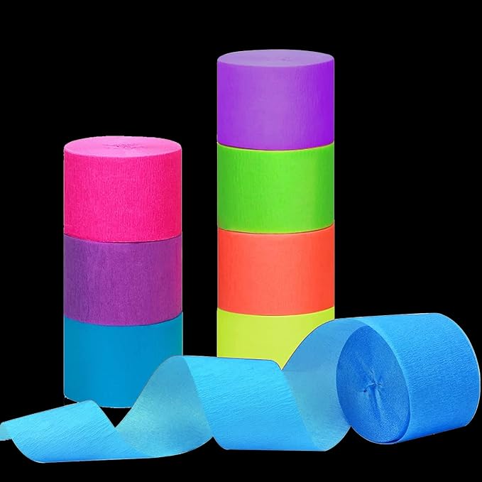 1260feet Glow in The Dark Neon Paper Streamers Blacklight Party Neon Streamer Decorations 12 Rolls Glow Crepe Paper UV Reactive Fluorescent Neon Fiesta Glow Party