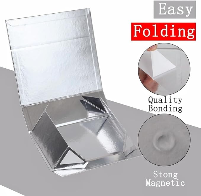 UoeRing 2 Pack Silver Gift Box Large 13.5x11.8x4.7 inch Luxury Gift Box for Presents with Magnetic Closure Lid Collapsible,Birthday,Contains Card, Ribbon, Tissue Paper,Shredded Paper Filler