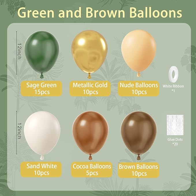 BAUANOOY Green and Brown Balloons, 60pcs 12 Inch Safari Balloons with Sage Green Brown Nude Metallic Gold Latex Balloon for Jungle Forest Baby Shower Birthday Party Decorations