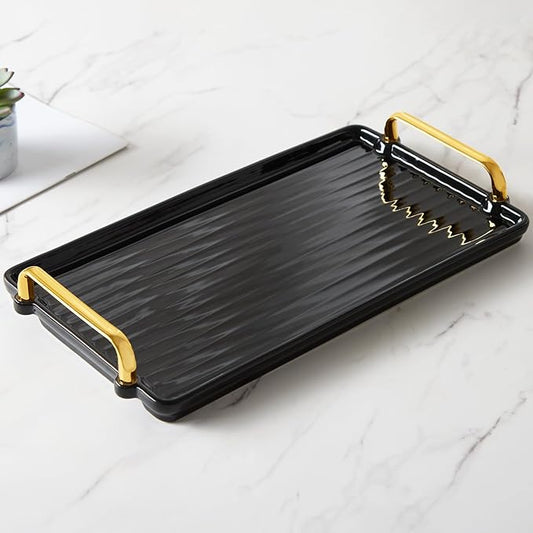 DUJUST Porcelain Serving Tray with Golden Handles, Modern Nordic Style Coffee Table Tray, Beautiful Tea Trays Decor for Living Room, Easy to Use & Clean - Black