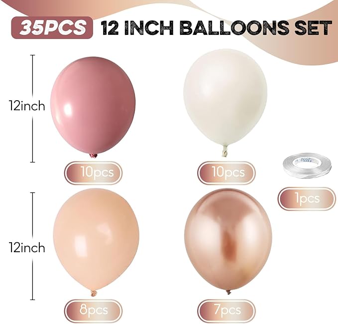 Retro Pink Balloons, 12 Inch Dusty Pink Metallic Gold White Balloons, Blush Beige Neutral Nude Chrome Champagne Gold Latex Balloon for Women Boho Birthday Wedding Baby Bridal Shower Party Mothers Day