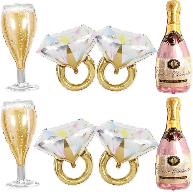 Bachelorette Party Balloons Set – 2 Champagne Bottles, 2 Champagne Glasses & 4 Diamond Ring Balloons – Engagement, Bridal Shower, Hen Party Decorations (2 Pac)