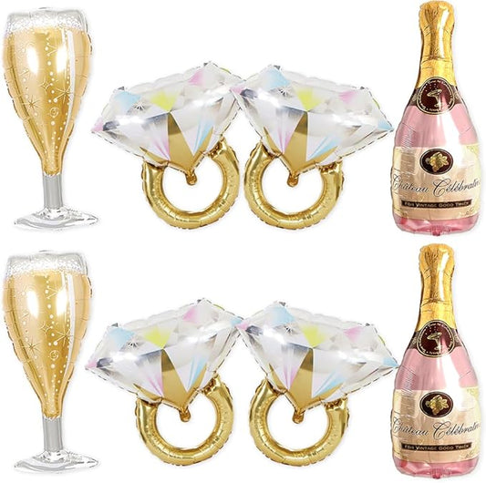 Bachelorette Party Balloons Set – 2 Champagne Bottles, 2 Champagne Glasses & 4 Diamond Ring Balloons – Engagement, Bridal Shower, Hen Party Decorations (2 Pac)