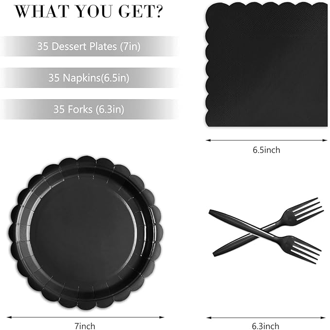 105PCS Paper Plates and Napkins Set, 7 Inch Scalloped Disposable Tableware with Forks for Birthdays, Garden Parties & Outdoor Events, Serves 35 (Black)