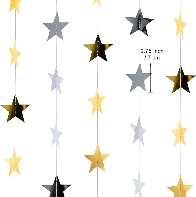 Patelai 130 Feet Glitter Star Garland Banner 2026 Party Decoration Double Side Star Hanging String Streamer Paper Twinkle for Graduation Wedding Birthday (Gold and Silver)
