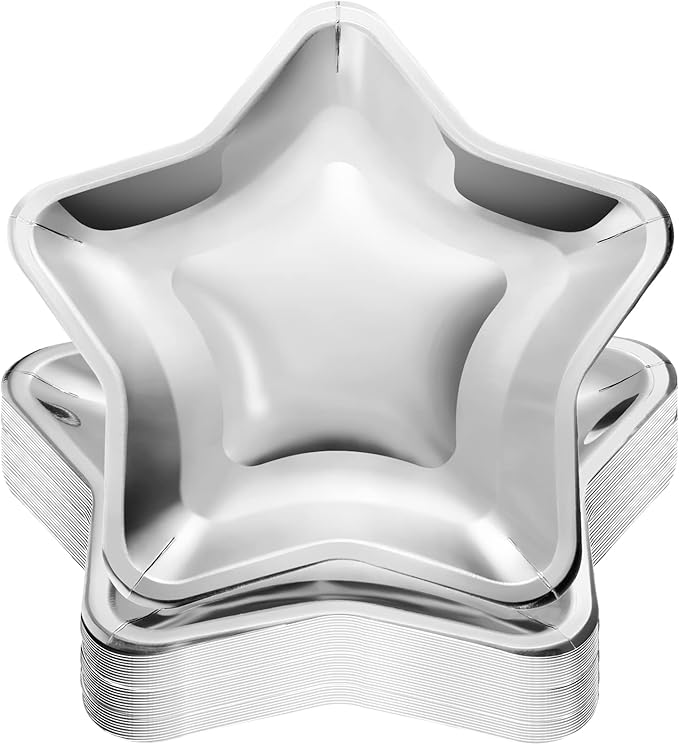 Vesici 60 Pieces Thick Star Shaped Paper Plates Disposable Party Plate Pentagram Dinnerware Decorations for Graduation Independence Day Wedding Birthday Baby Shower, 9.45 Inch(Silver)