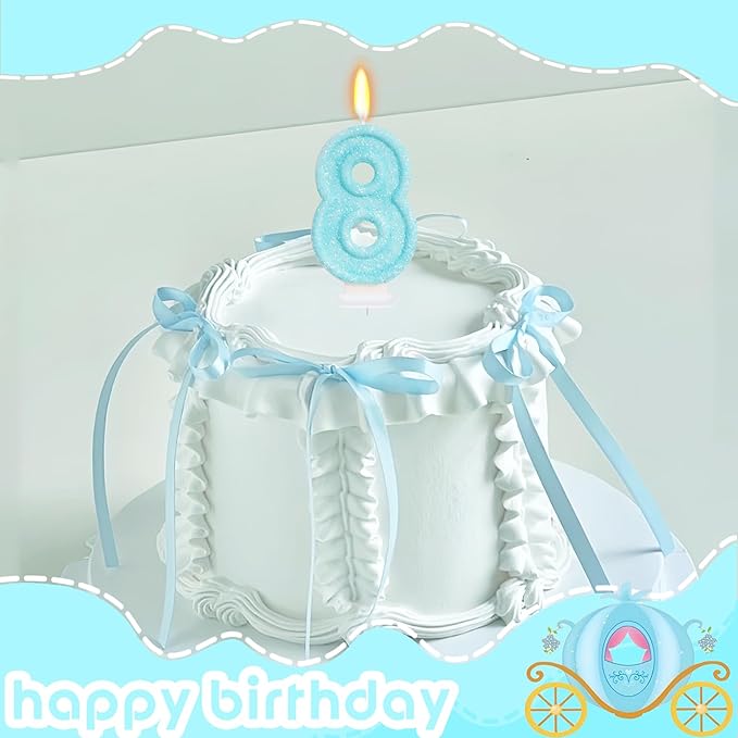 Blue Birthday Candles - Number 8 Candle for 8th Birthday Decorations for Girls, Sky Blue Cake Decorations Sweet Theme Party Supplies