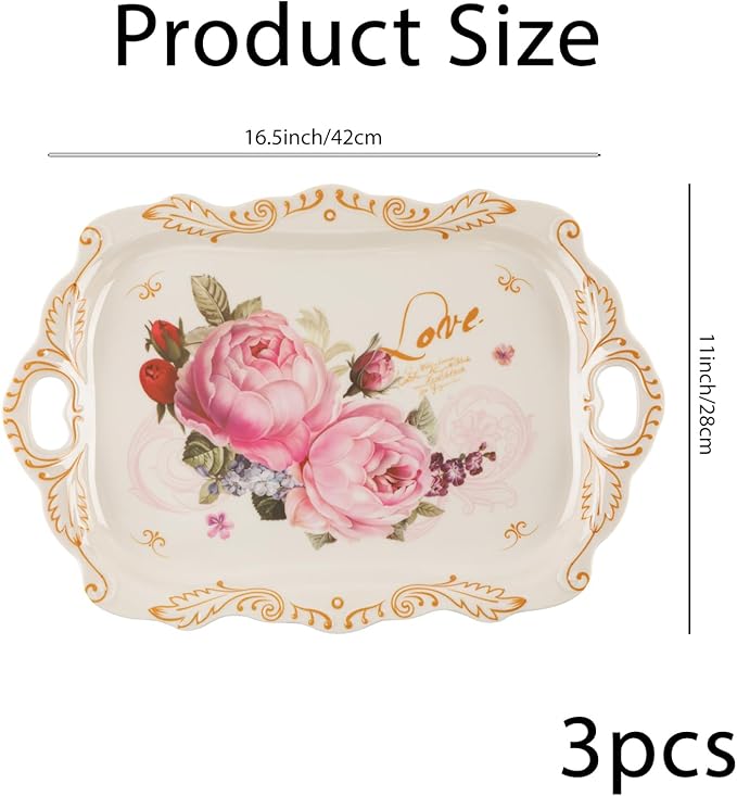 3 Pack Melamine Serving Tray, Stackable Design with Handles for Daily Use, Durable Large Platter Featuring Floral Print Suitable for Home, Party, Restaurant Decor, 16x11 Inch Rectangle Style