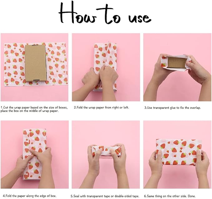 Strawberry Wrapping Paper Happy Birthday Girls Kids 6 Sheets, Cute Sweet Strawberries Fruity Design Perfect DIY Gift Wrap Pink Wraping Paper for Birthday, Holiday, Wedding, Baby Shower, Christmas,