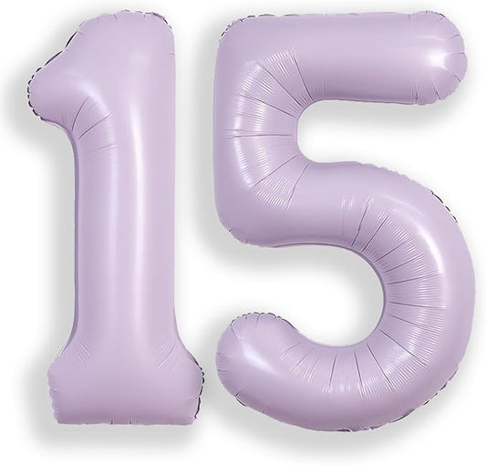SUWEN 40 Inch Light Purple Large 15 Balloon Number Big Foil Helium Lavender Number Balloons Huge Mylar 0-9 Giant Jumbo Happy 15th Birthday Party Anniversary Decorations