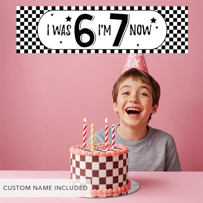 Andaz Press 13x48 Inch 6 7 Birthday Banner Decorations, I Was 6 Now I'm 7 Birthday Banner Black Checkered 67 Happy Birthday Party Banner for Boys or Girls, Home or Party Decor Backdrop Sign