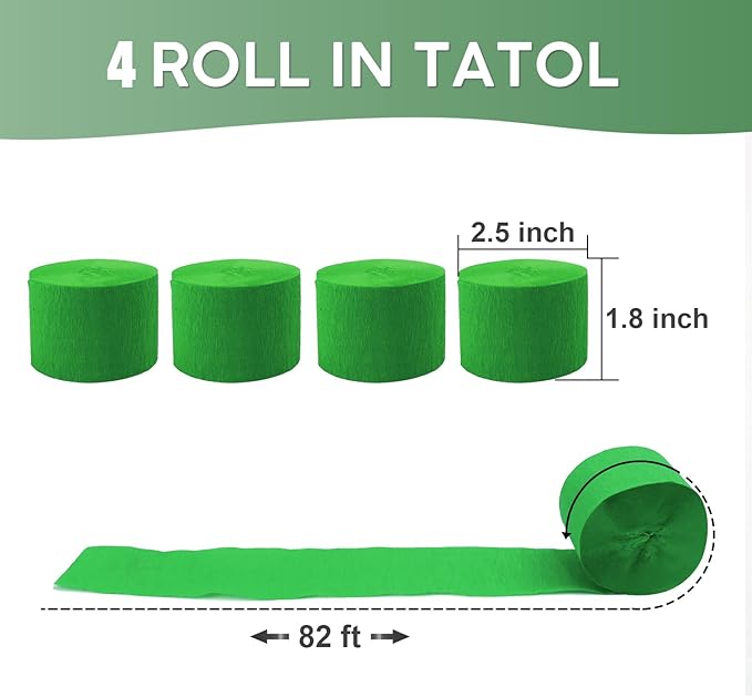 4 Rolls Crepe Paper Green Streamers – Perfect for Streamers Party Decorations, Wedding, Birthday, Colored Decor, and DIY Craft Supplies(1.8 Inch x 82 Ft/Roll)