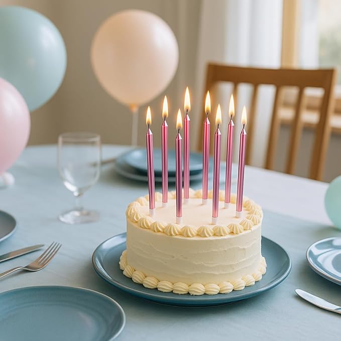 by Tugba Aydan - Pink Birthday Candles, 24 Pack, Long Thin Metallic Cake Candles with Holders, Elegant Pink Candles for Cakes, Cupcakes & Parties