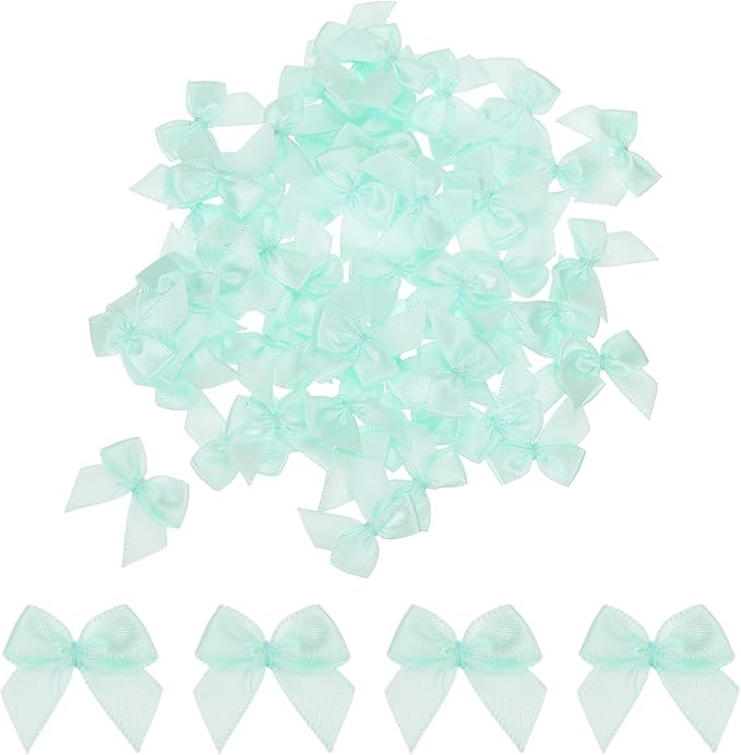 MECCANIXITY 50 Pcs Mini Ribbon Bow 1" Mini Fabric Satin Ribbon Flower Bows for Craft DIY Sewing Wedding Birthday Party Gift Wrap Bows Light Green