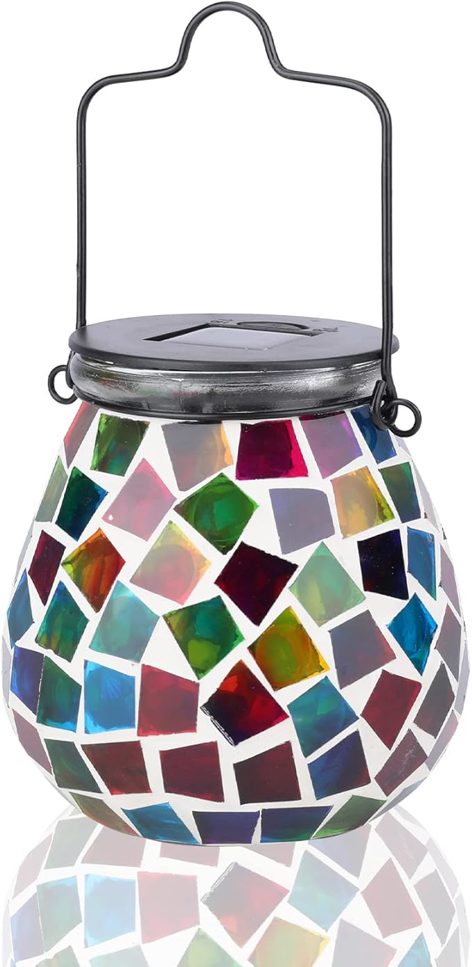 Afirst Mosaic Solar Lanterns Outdoor - Glass Hanging Solar Lights Hollow Out Waterproof Table Lamp Outdoor Decorative for Garden, Patio, Holiday Party Outdoor Decoration