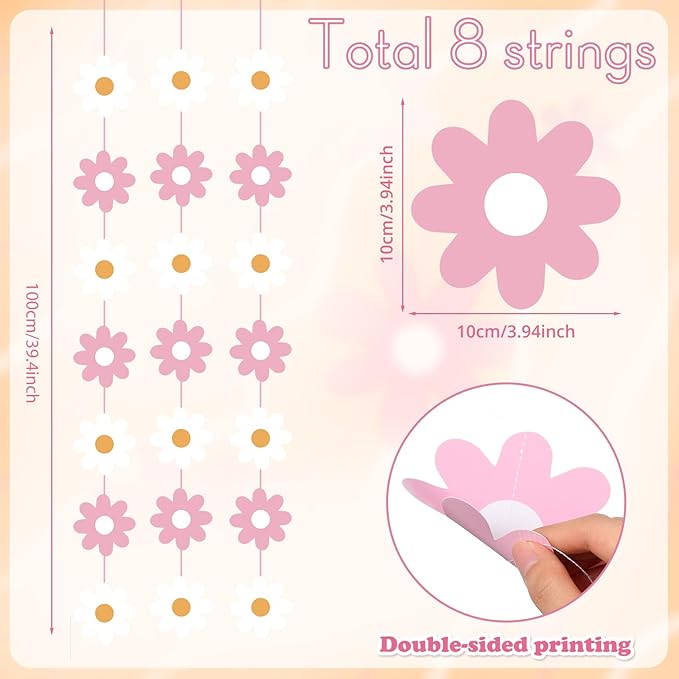 Pasimy 8 Pcs Daisy Boho Party Decorations Groovy Daisy Paper Garlands White Flower Hanging Garland Banner Hippie Flower Cutouts for Birthday Shower Wedding Party Favor Supplies(Fashion,Pink)