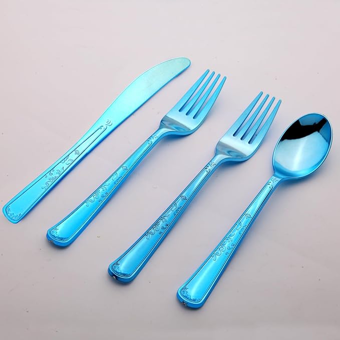 180 Pack Disposable Deep Blue Plastic Silverware Contain 60 Forks,60 Spoons,60 Knives, Solid and Durable Plastic Cutlery Utensils Set Perfect for Parties,weddings.