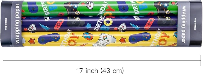 WRAPAHOLIC Gaming Wrapping Paper - 3 Short Roll - Video Game Birthday Wrapping Paper for Kids Boys Birthday, Game Lover - 17 Inch x 120 Inch Per roll