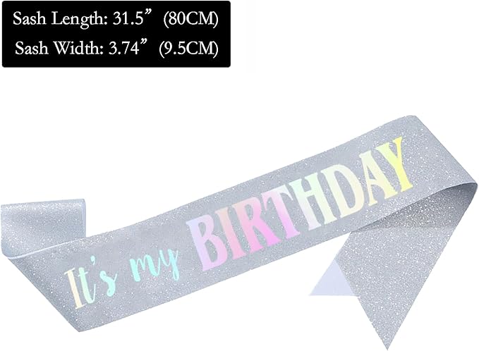 It's My Birthday Sash, Dazzle Foil Letter Glitter Silver Birthday Sash for Women Girl Kids Teenager Funny Bday Gifts Party Favors Photo Prop