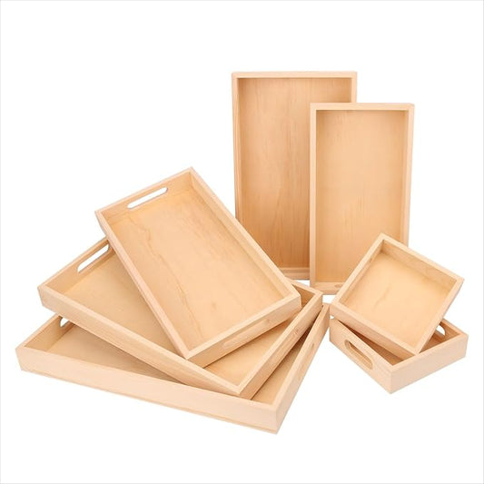 7 PCS Wooden Nested Serving Trays with Handles- Rectangular Wood Crafts Trays for Organizing, Wooden Serving Trays for Serving, Kitchen, Breakfast, Parties and Home Decor