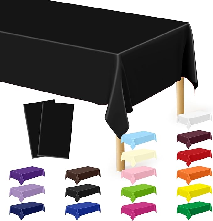 2 Pack Picnic Table Cover, 108 x 54 Inches Black Plastic Tablecloth, Decorative Black Rectangle Tablecloth Disposable Tablecover Party Table Cloth, Waterproof Decor Party Supplies for Outdoor Indoor
