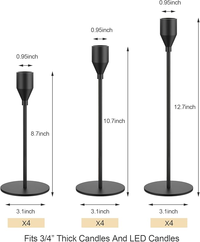 NLBTW Black Taper Candle Holders Set of 12 Candlestick Holders Bulk, Metal Candle Stick Holder Decor for Wedding, Dinning, Christmas Party or Anniversary, Fits 3/4 Inch Thick Candle