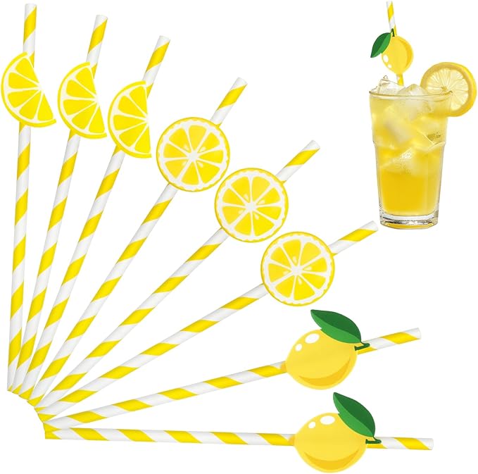 JANYUN 60 Pieces Lemon Paper Straws, 3 Styles of Lemon Decor Paper Drinking Straws for Party Decorations