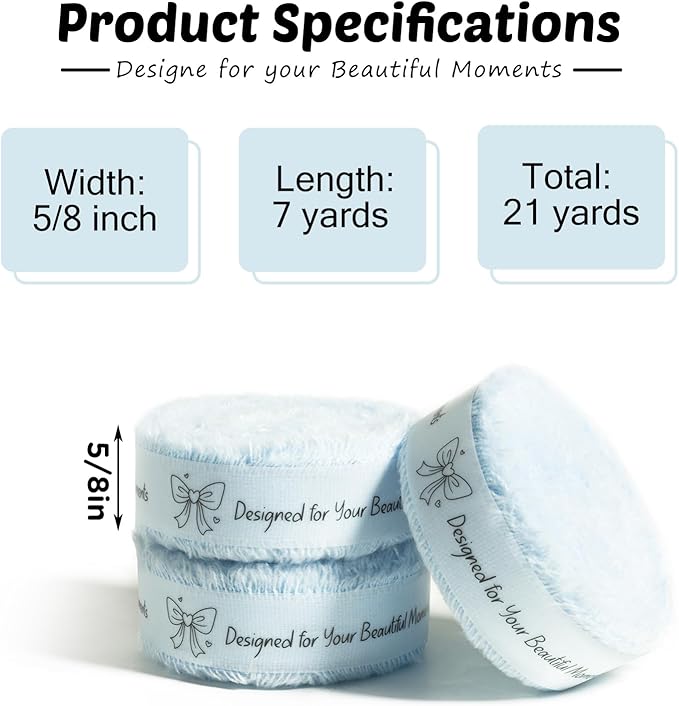 Baby Blue Cotton Ribbon 5/8 Inch Baby Blue 3 Rolls 21 Yards Frayed Edge Fabric Set for Baby Shower, Wedding Invitations, Nursery Decor, Christening & First Birthday Party