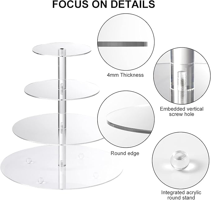 Cupcake Stand with Base, 4-Tier Round Acrylic Cupcake Display Stand Dessert Tower Pastry Stand Premium Cupcake Holder for Wedding Birthday Theme Party - Transparent