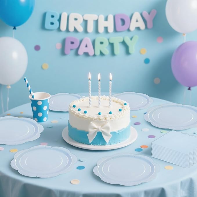 75 PCS Blue Paper Plates and Napkins Party Supplies, Light Blue Scalloped Plates Napkins Forks Disposable Tableware Set for Bridal Baby Shower Wedding Birthday Party Decorations