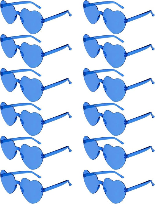 NACHLYNN 12 Pairs Blue Heart Sunglasses for Women Rimless Heart Shaped Sunglasses Candy Color Glasses for Party Favors