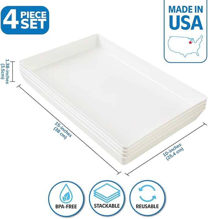 US Acrylic White Plastic Serving Trays (Set of 4) 15” x 10” | Large Unbreakable Reusable Rectangular Party Platters | Serve Appetizers, Fruit, Veggies, & Desserts | BPA-Free & Made in USA