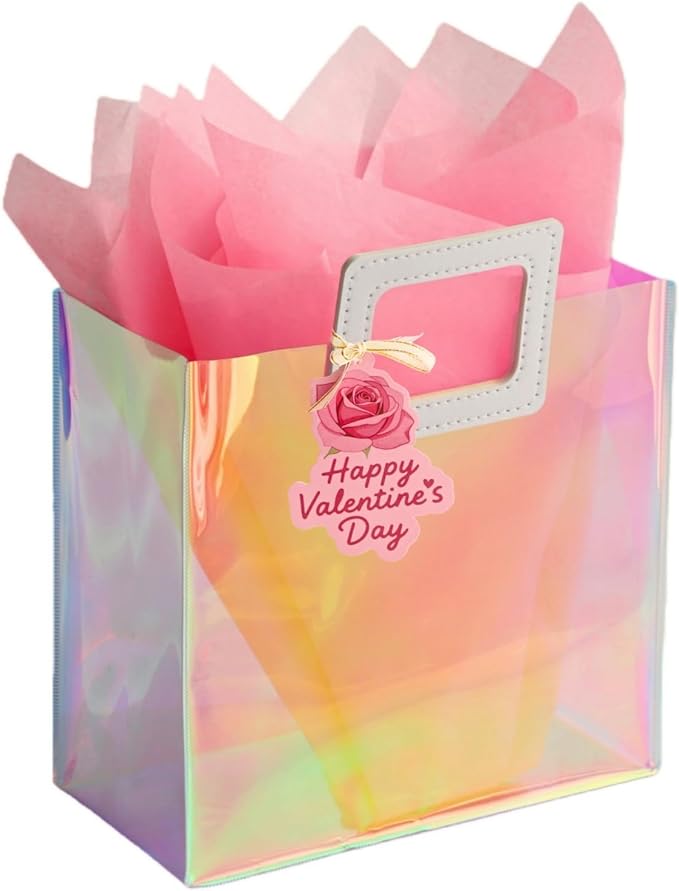 VUOJUR 11'' Medium Valentines Day Gift Bag for Women Girl Reusable Holographic Valentine Bag