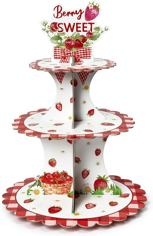 Haooryx Strawberry Cupcake Stand - 2Pcs 3-Tier Berry Sweet Red Plaid Cupcake Tower Cardboard Dessert Holder Pastry Platter for Baby Shower Girls Birthday Spring Summer Holiday Party Table Decoration